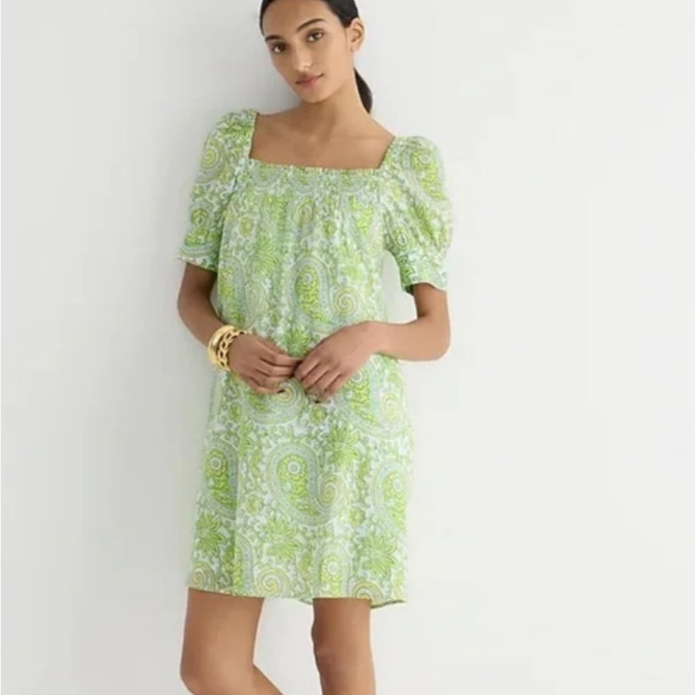 NWT SZ Blockprints X J.Crew squareneck puff-sleeve mini dress in citrus paisley